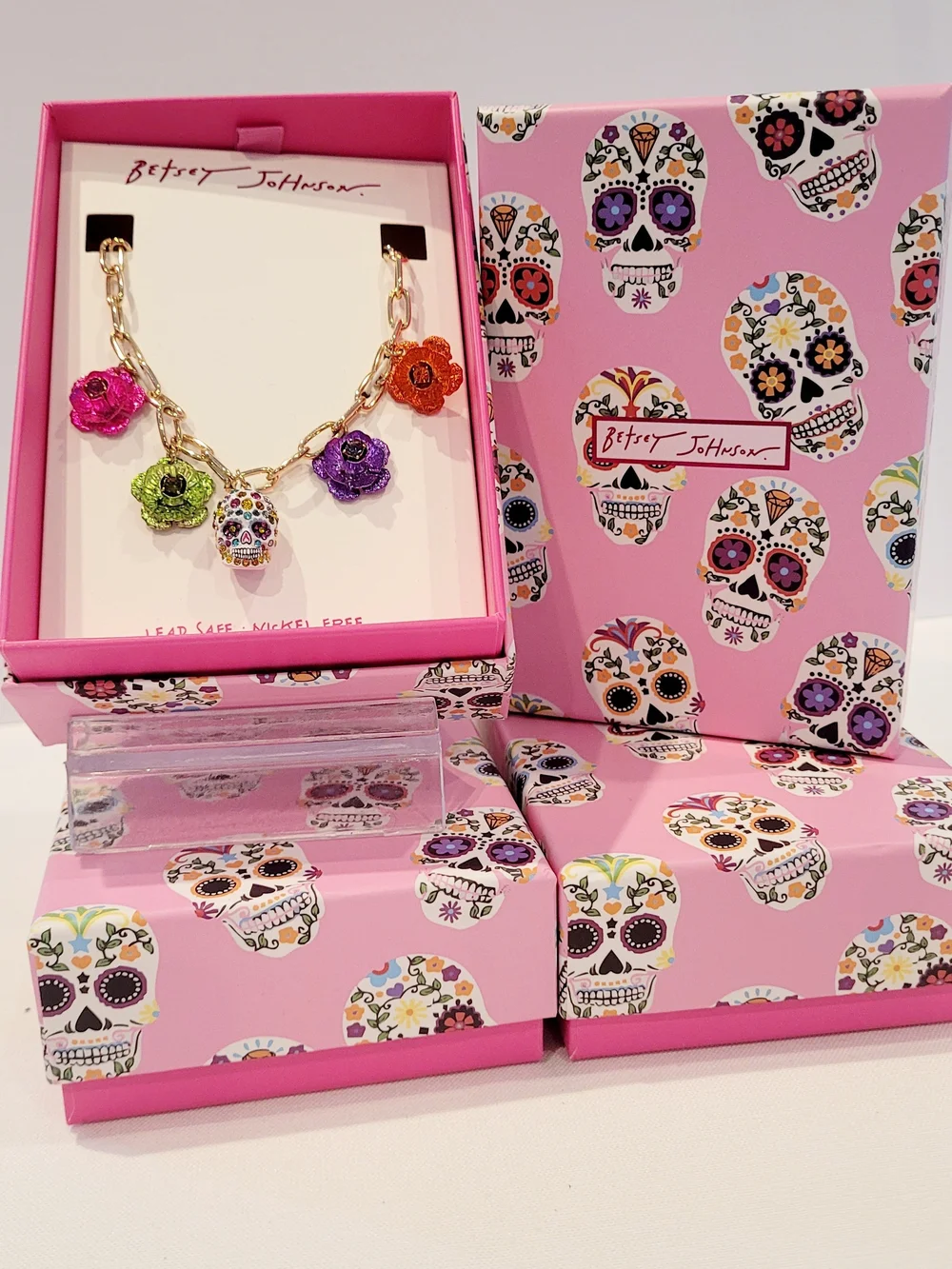 Betsey Johnson Sugar Skull Flower Charm Necklace - Picture 2 of 3